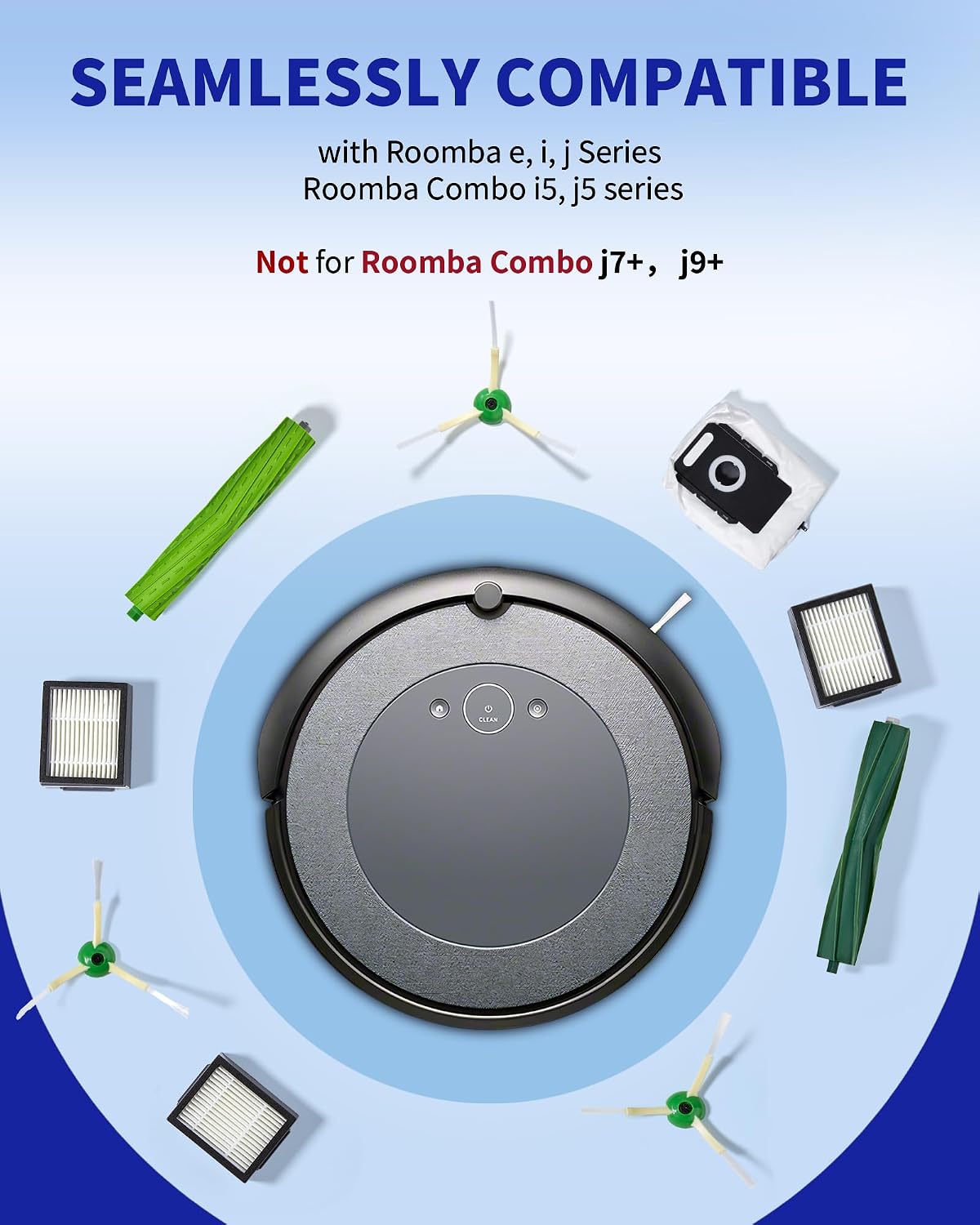 Replacement Parts & Accessories for iRobot E, I & J Series, Combo i5, j5 Series Robot Vacuum, 2 Dual Multi-Surface Rubber Brushes & 6 HEPA Filter & 6 Edge-Sweeping Brushes & 6 Disposable Bags