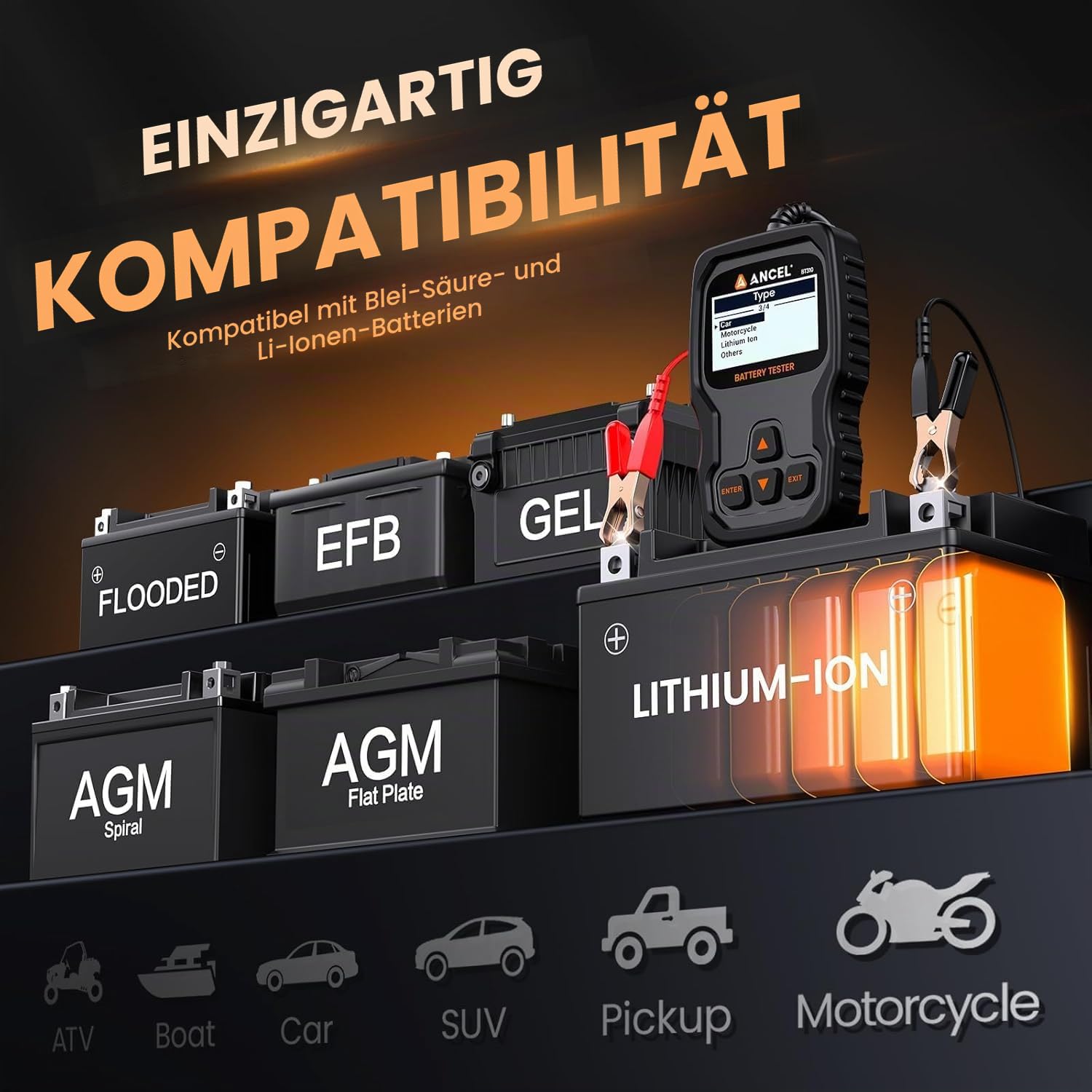 ANCEL BT310 Autobatterie Tester 12V 24V Batterietester KFZ 100–2000 CCA | Batterie Tester Auto mit Batterietest Anlasstest & Ladetest für SUV LKW ATV Boot PKW Motorrad Blei-Säure & Lithium Batterien