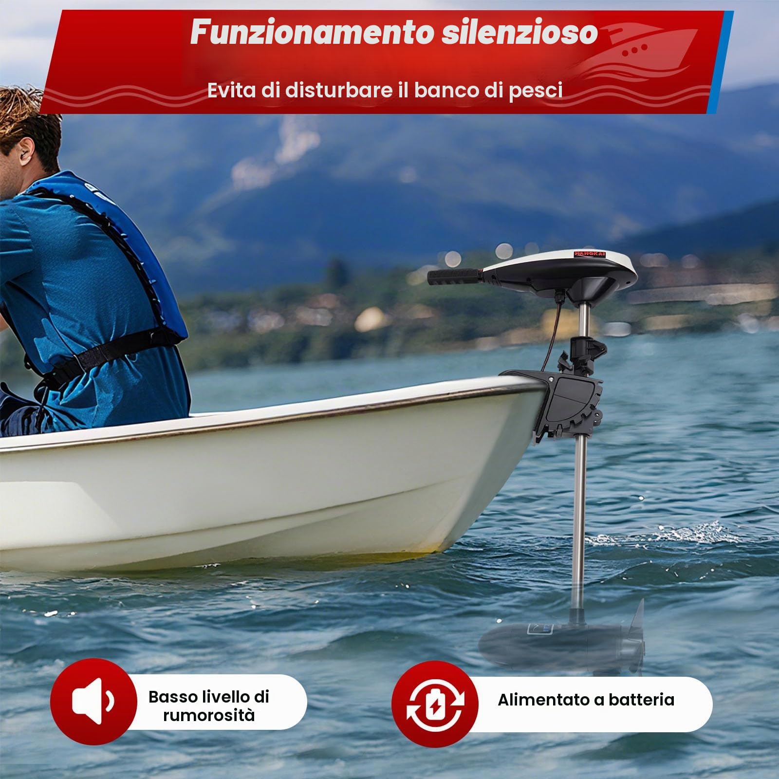 Motore elettrico esterno 45LBS 12V, motore per barche elettrico con 5 marce avanti e 2 retromarce, regolabile in altezza, motore in rame puro per kayak, canoe, gommoni