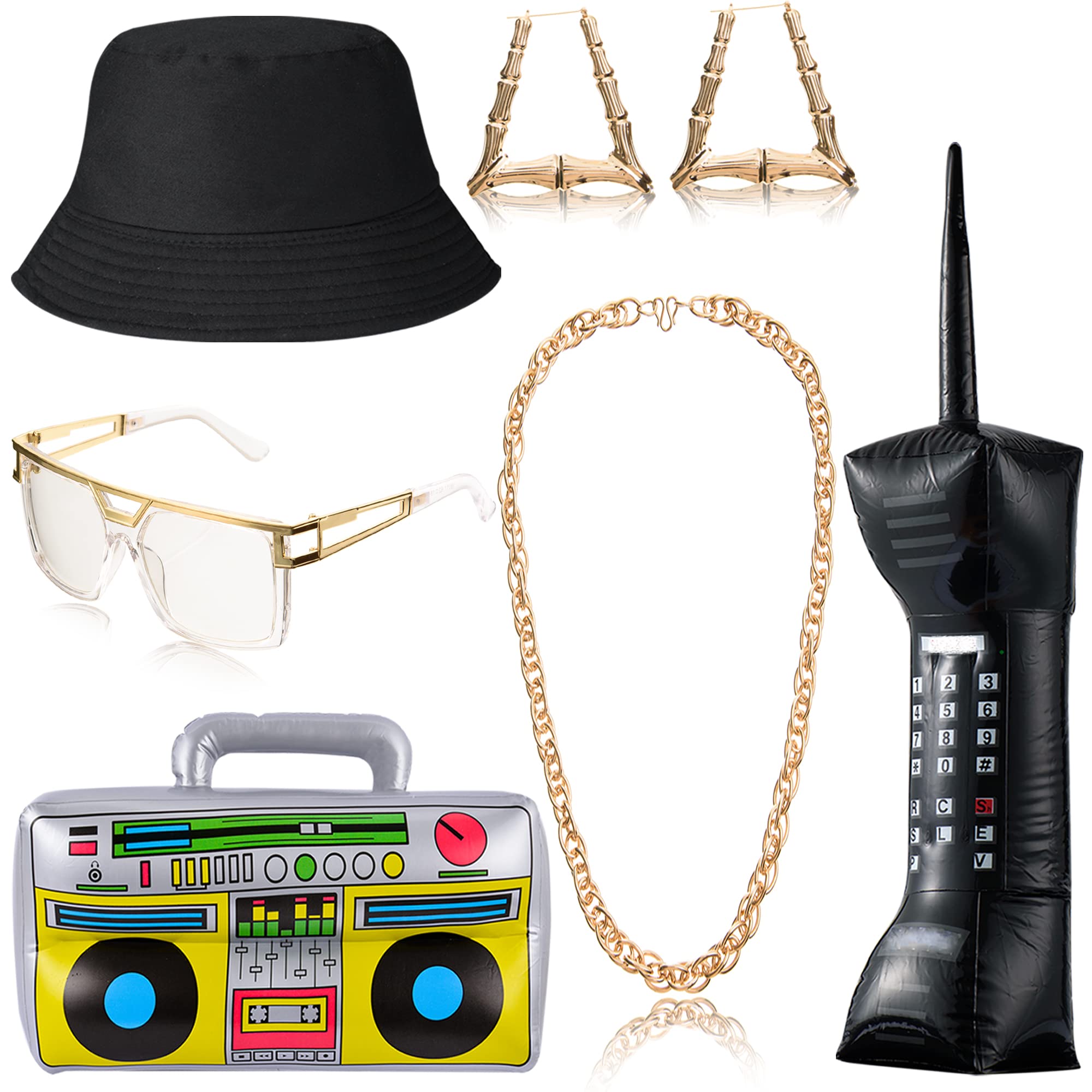Peirich 7 Pcs Rapper Hip Hop Costume Kit,80s 90s Accessories Outfit Includes Rapper Sunglasses Faux Gold Rope Chain Earrings Bucket Hat for 80s/ 90s Theme Party Decorations