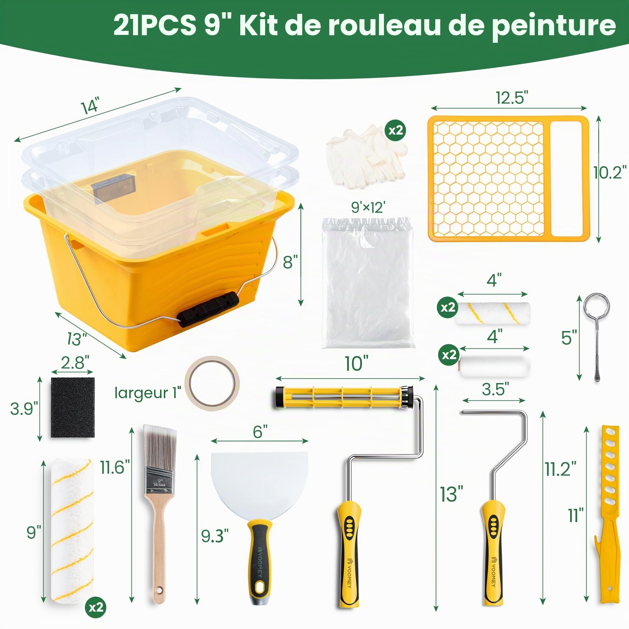 Kit de 21 Couleurs de 23 cm avec Remplissage jetable, Mini Couvercle en Mousse, Rouleau de Peinture en Microfibre de 9" avec Rouleau de Peinture