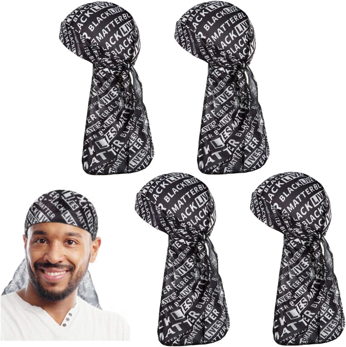 4pcs Black Lives Matter Silky Durag Set- Soft Silky Durags Elastic Wave Cap Breathable Headwraps Headscarf with Long Tail and Wide Straps for Women Men Hair Waves for Yoga Sports Outdoor Activities