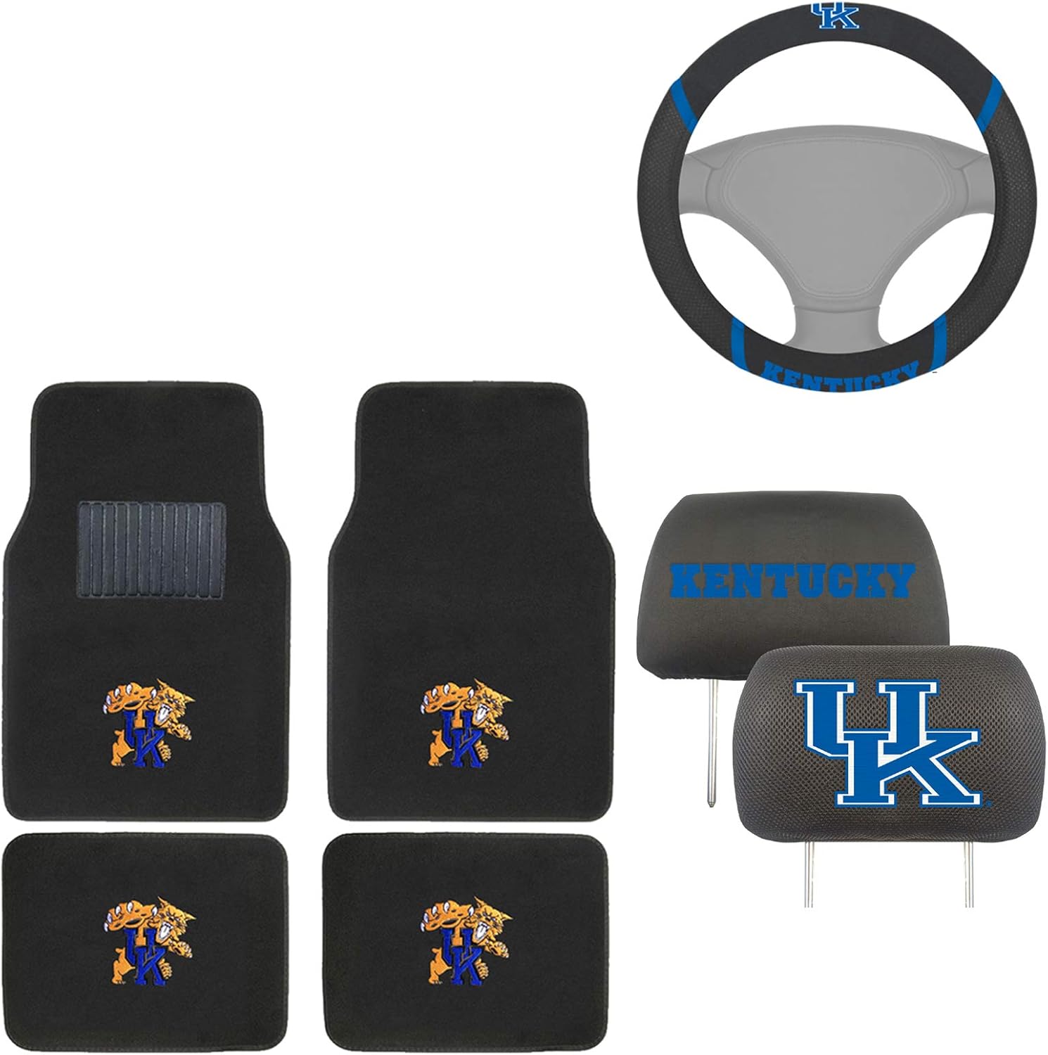 AAC FANMATS NCAA Mascot Carpet Floor Mats Bundle with Head Rests and Steering Wheel Cover for Kentucky Wildcats Fans Officially Licensed(7 Items)