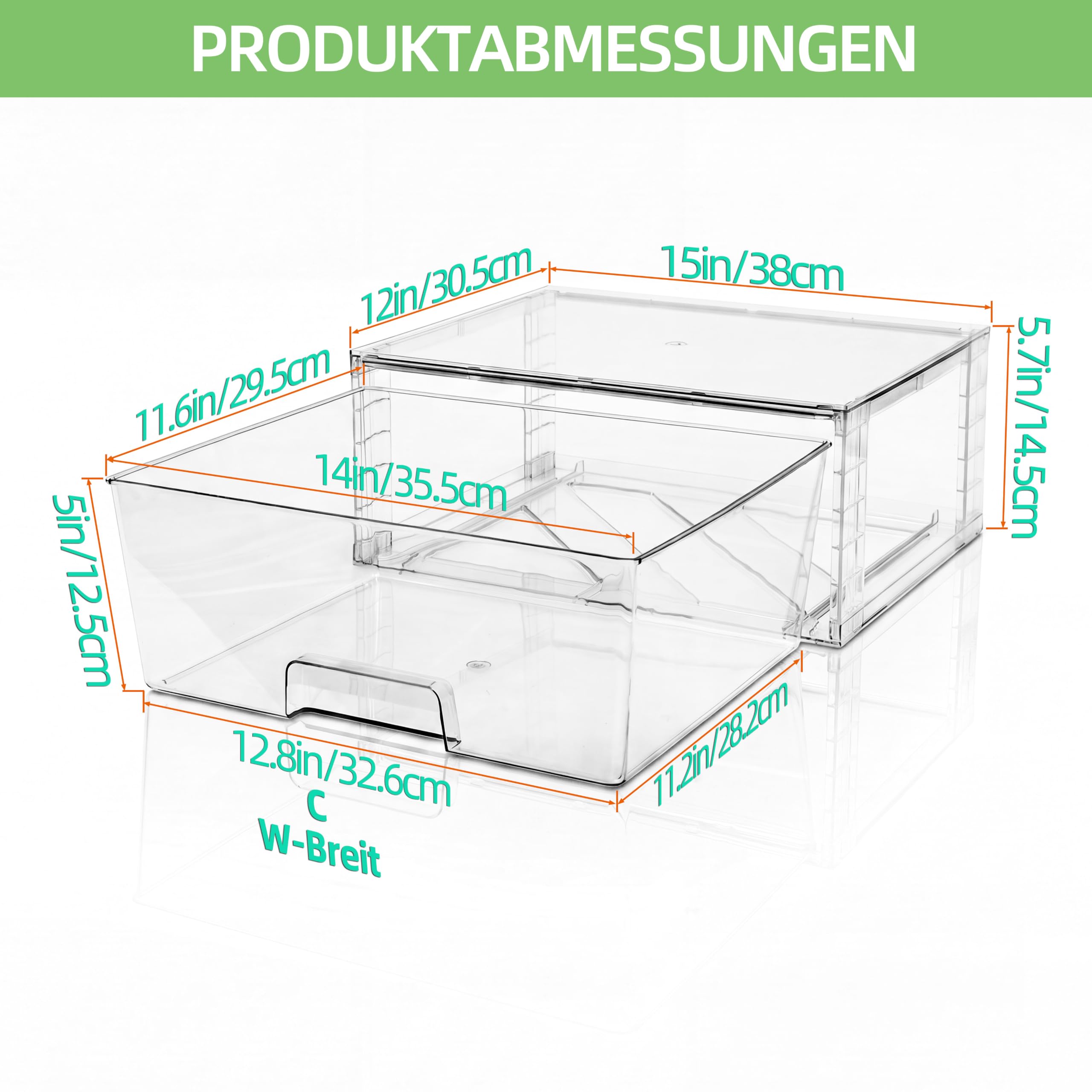 3er Set Breite Stapelbare Aufbewahrungsschubladen für Bad und Küche, Hochfeste Klare Acryl Organizer mit Griffen Einfach Zu Montierende Kunststoffboxen für Kühlschrank Schrank und Speisekammer
