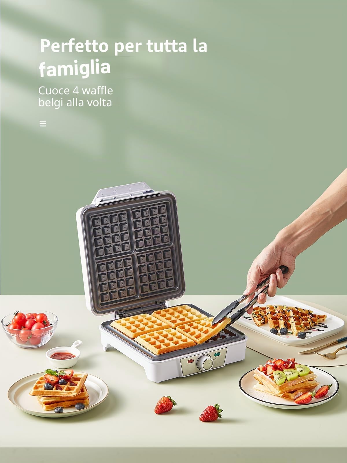 Macchine per Waffle Belgici 4 Porzioni – Waffle Maker 1200W con 5 Livelli di Doratura, Piastra Antiaderente, Anti-Tracimazione e Spie Luminose