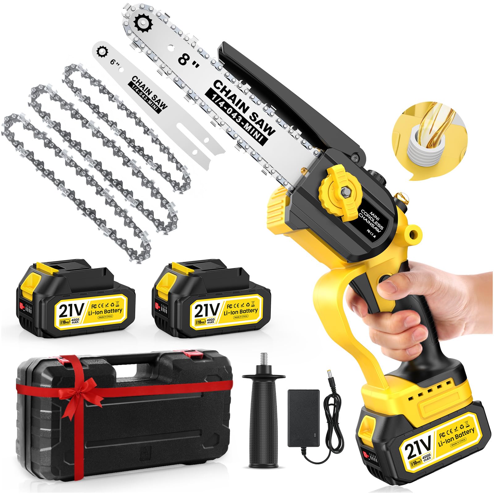 Mini Tronconneuse à Batterie, 8000 mAh Tronçonneuse Électrique Sans Fil, 1000W 8 & 6 Pouces Tronconneuse à Batterie pour Branches et Jardin,avec Système D'huile Automatique, Compatible avec Makita 18V