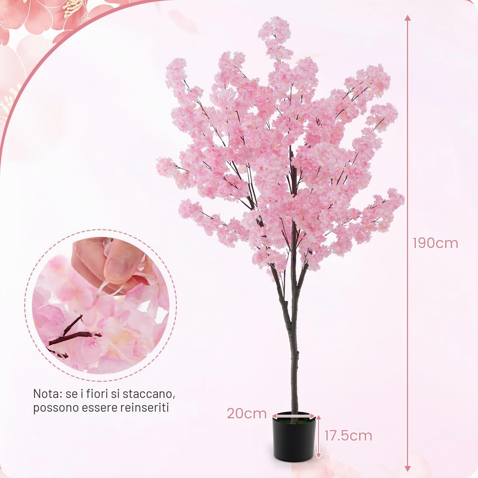GIANTEX Albero di ciliegio artificiale alto 190 cm con 1170 fiori rosa, Meceta pieno di cemento, pianta decorativa interna per festa di matrimonio, ingresso, soggiorno