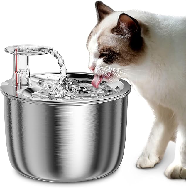 Spofan Drinking Fountain for Cats, 67 oz/2 L Stainless Steel Pet Cat Fountain, Ultra Quiet Pump Cat Water Dispenser for Cats, Dogs, Multiple Pets