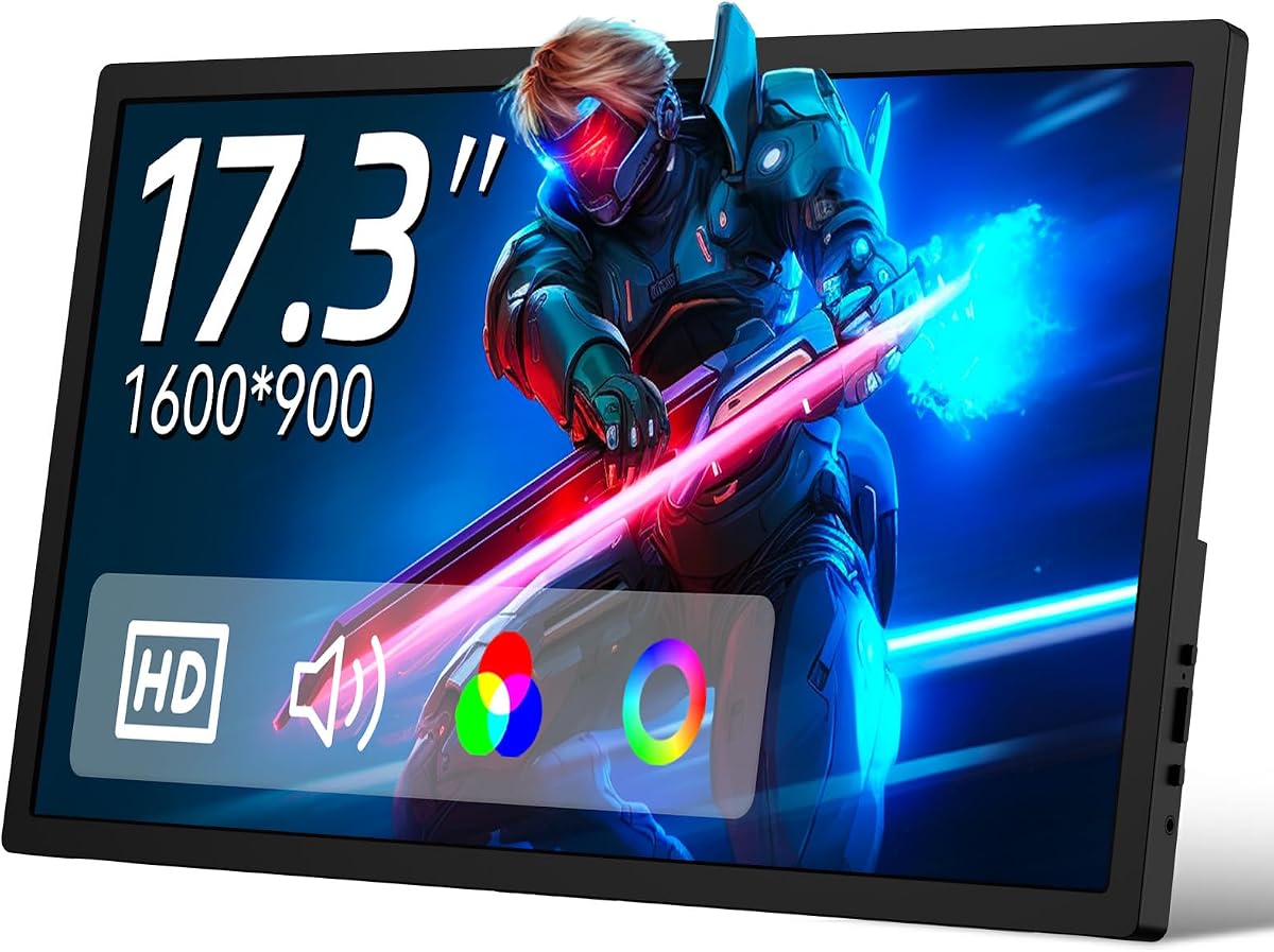 Monitor portátil de 17,3 pulgadas | Resolución HD+ 1600×900, pantalla IPS panorámica 16:9, segundo monitor externo ultradelgado para computadora portátil