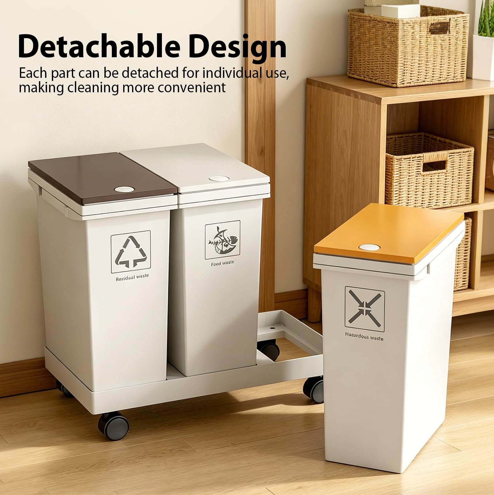 Lot de 3 poubelles, 3 x 12 l, système de tri des déchets de cuisine avec pied | Poubelle différenciée amovible, poubelle de recyclage avec couvercle et roulettes, pour cuisine, maison, bureau, poubelle