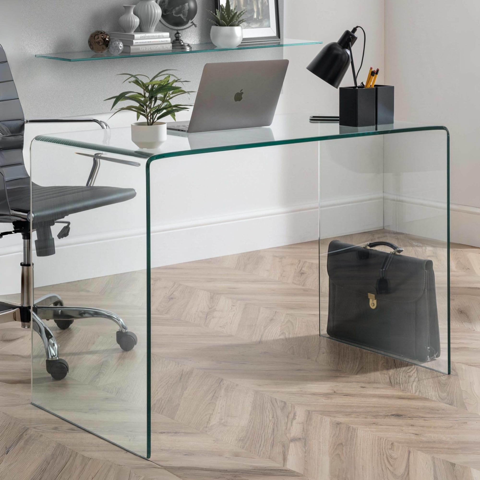 Julian Bowen Amalfi Glass Desk - 110 x 55cm Tempered Glass Clear Computer Desk, Modern Study Table for Home Office, Study and Living Room - Prebuilt