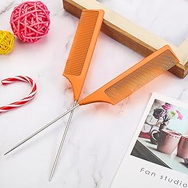 Leinuosen 3 Packs Rat Tail Comb Steel Pin Rat Tail Carbon Fiber Heat Resistant Teasing Combs with Stainless Steel Pintail (Orange)