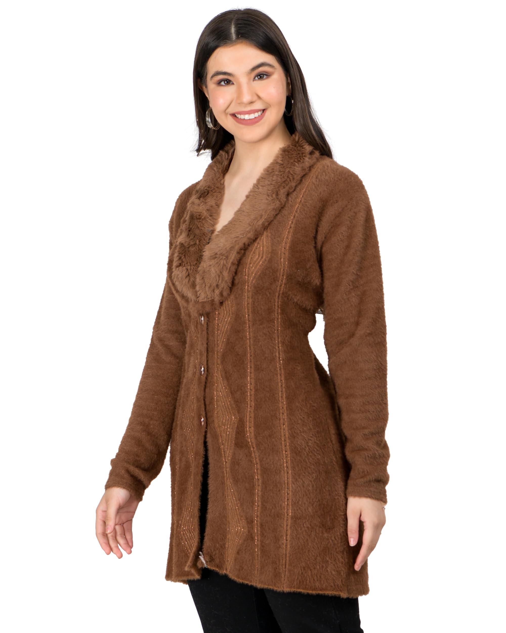 ladywillington Lady Willington Women Woolen Fur Neck Self Design Long Cardigan Shrug Heavy Hair Rainbow Cardigan Winter Wear Pure Wool Cardigans for Women Long Cotty Fully Warm Cardigan Free Sizes-picture-28