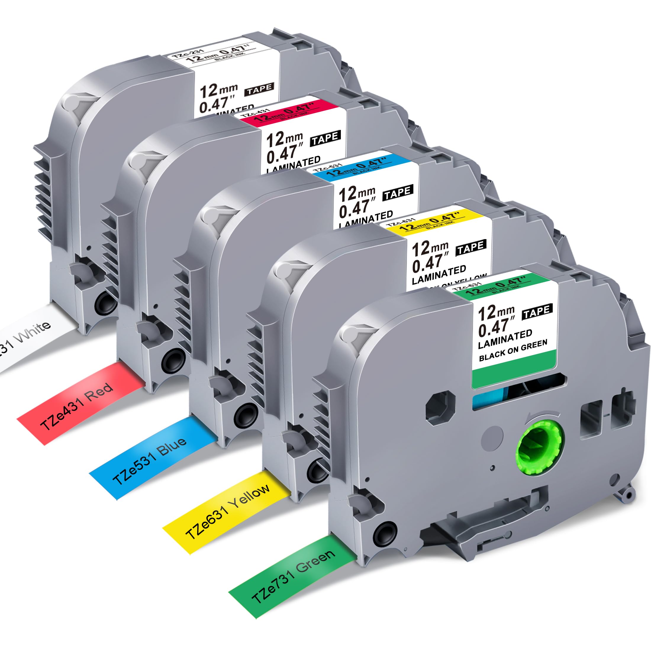 5-Pack Label Maker Tape Replace for Brother TZe TZ Tape 12mm 0.47 Laminated Colored White/Red/Blue/Yellow/Green Compatibel with Brother P Touch Label