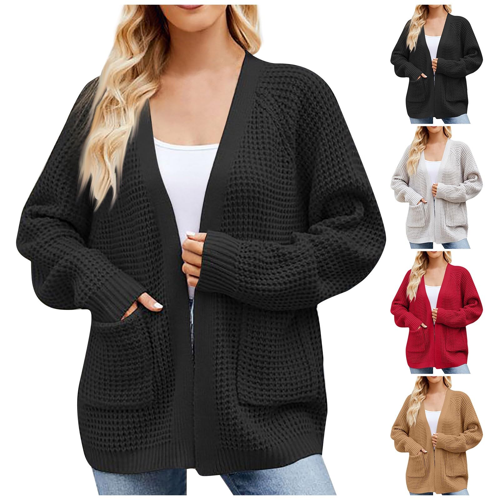 Women's Fashion Loose Casual Solid Color Cardigan Long Sleeve with Pocket Jacket Top KXC6CBXZ1552