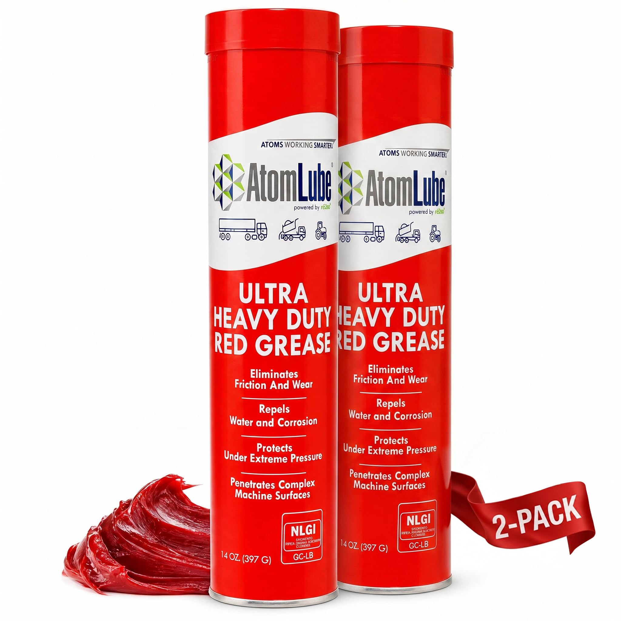 AtomLube Ultra Heavy Duty Red Grease | wodoodporne rury do smarowania i smarowania o wysokiej tempie do powierzchni metalowych, smar do akcesoriów do ciężarówek, 2 sztuki po 14 uncji