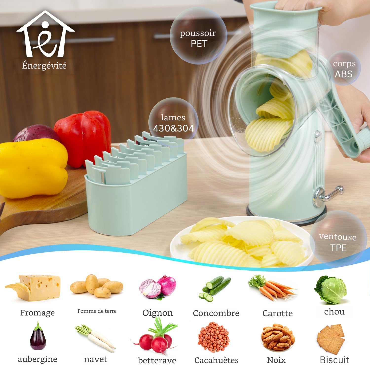 Râpe à Fromage Rotative 5 En 1 | Manivelle Acier Inoxydable | 5 Lames Interchangeables | Base Ventouse | Vert