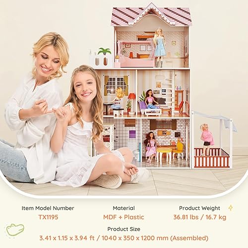 Miniatura 7 de VEVOR Casa de muñecas de madera, 7 habitaciones moderna juego de casa de muñecas para niños, casa de muñecas de bricolaje con 3 niveles, 7 áreas de