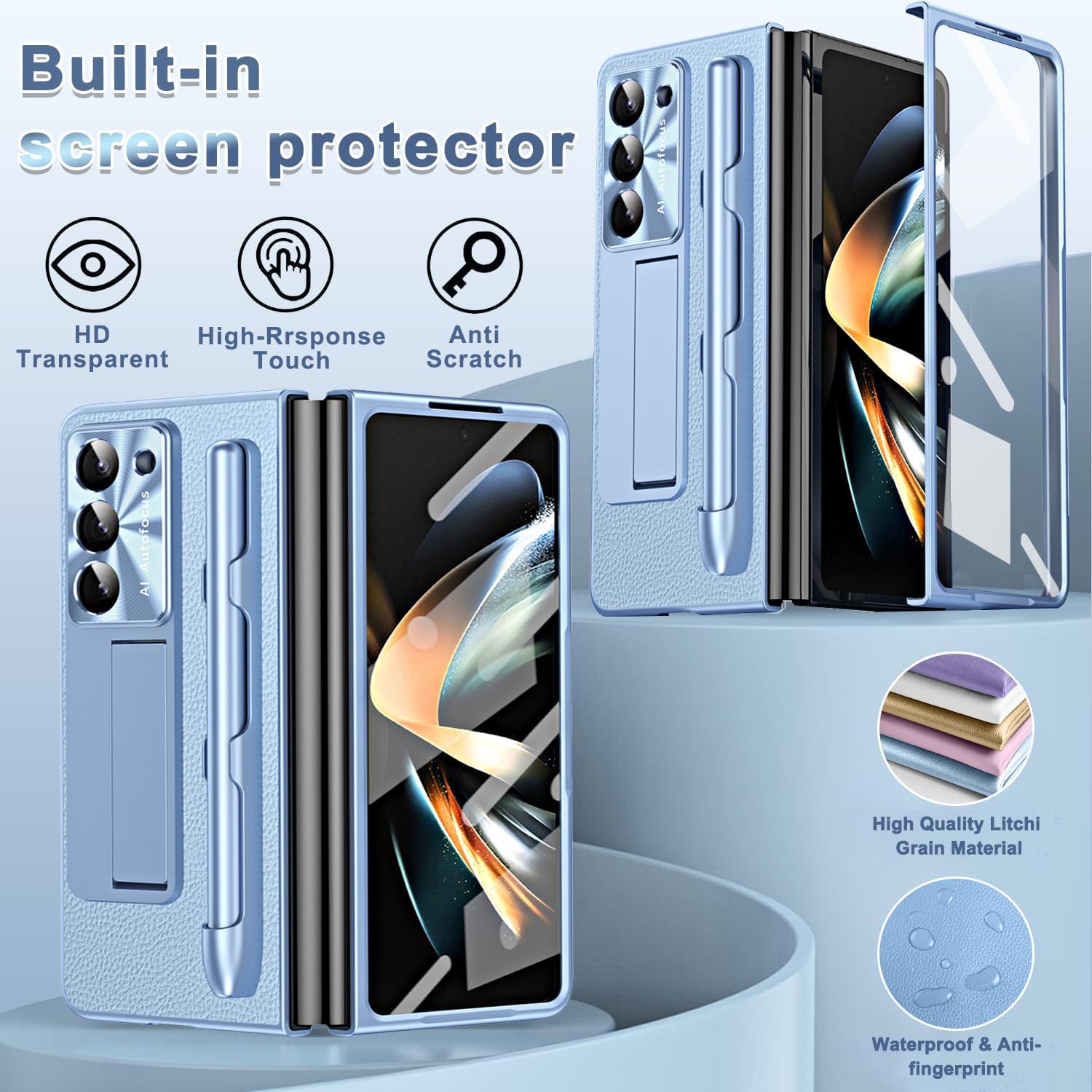 Miimall Compatible for Samsung Galaxy Z Fold 5 Case with S Pen, Stylus Pen with Pen Holder+Leather Pattern+Tempered Glass Screen Protector+Plating All-Inclusive Case for Galaxy Z Fold 5 2023(Blue)