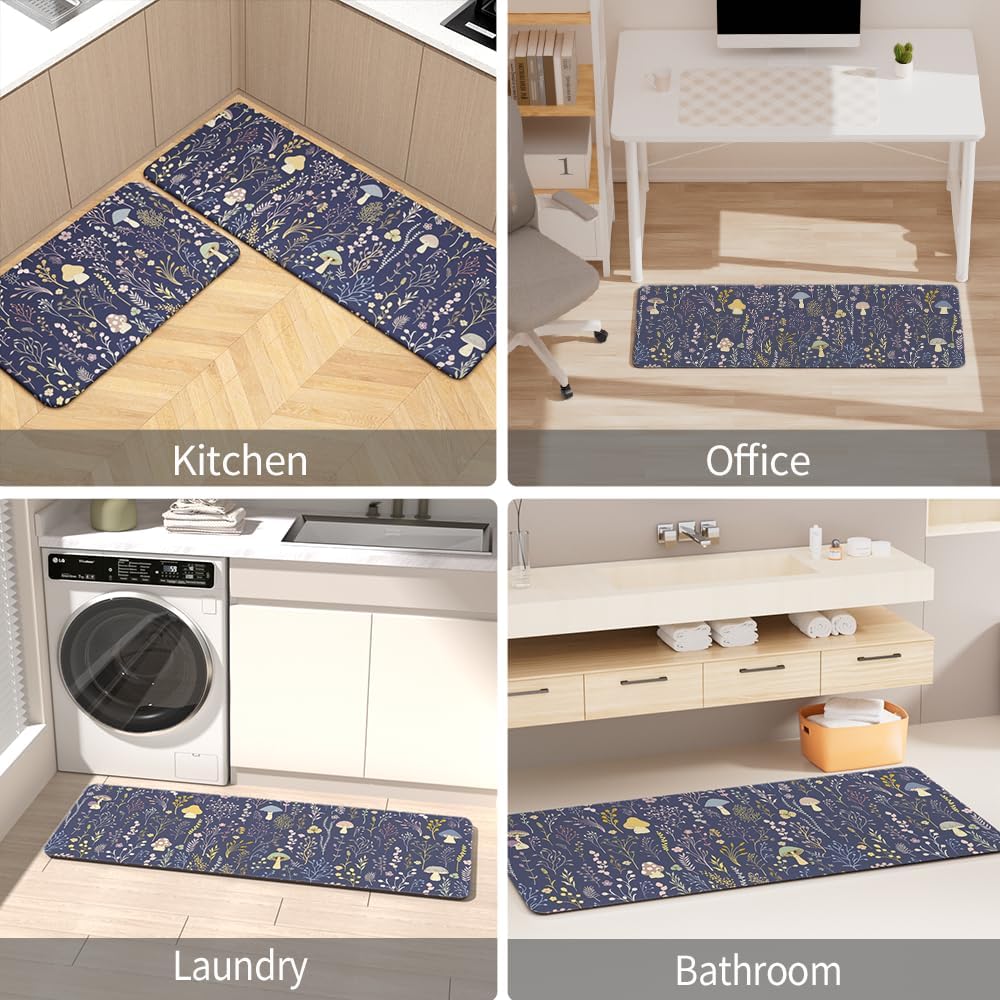 Farmhouse Kitchen Rug 2 Piece Set,Mushrooms Style Theme Decor Anti Fatigue Kitchen Mats,Non Slip Waterproof Floor Mats,Home Indoor Runner Carpet,Blue