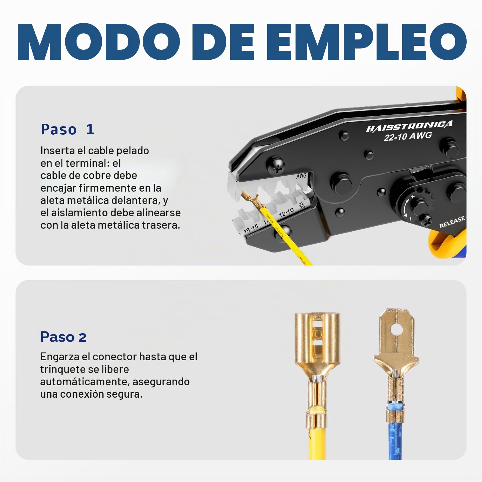Haisstronica Crimpadora para Terminales Planos 0,5–6 mm² AWG 20–10, Conectores Tipo Spade, Alicate de Crimpado