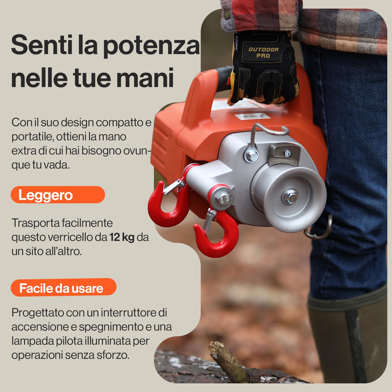 SuperHandy Argano elettrico portatile Motore senza spazzole alimentato a batteria agli ioni di litio 454kg-908kg di forza di trazione massima per la silvicoltura(corda a basso allungamento inclusa)