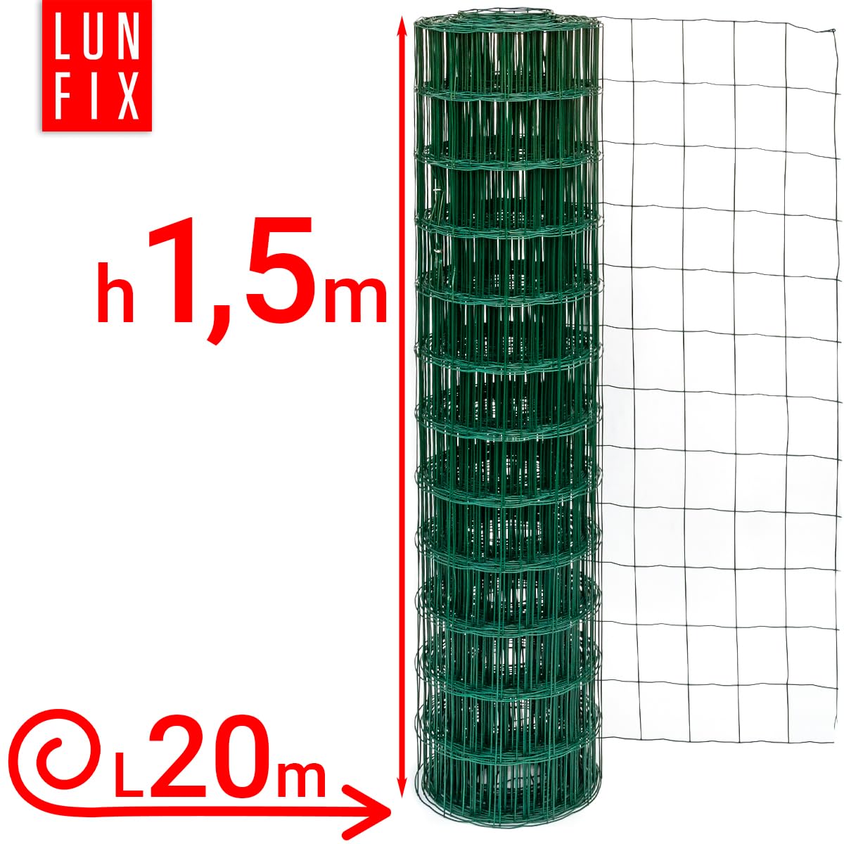 Valla de alambre - acero galvanizado verde revestido de PVC, 10 x 10 cm, Ø 2,1 mm, 1,5 m x 20 m, valla de jardín, valla para perros, valla de caza, valla de gallinas, malla de alambre soldada, Lun Fix
