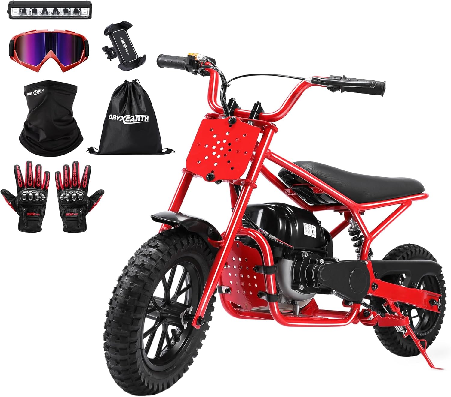 Oryxearth Mini Dirt Bike with Shock Absorber Spring, 37.7cc 4-Stroke Gas Powered for Kids Off-Road Motorcycle, EPA Approved, W/LED Headlight, Goggles, Gloves & Neck Gaiter, Bag & Phone Holder