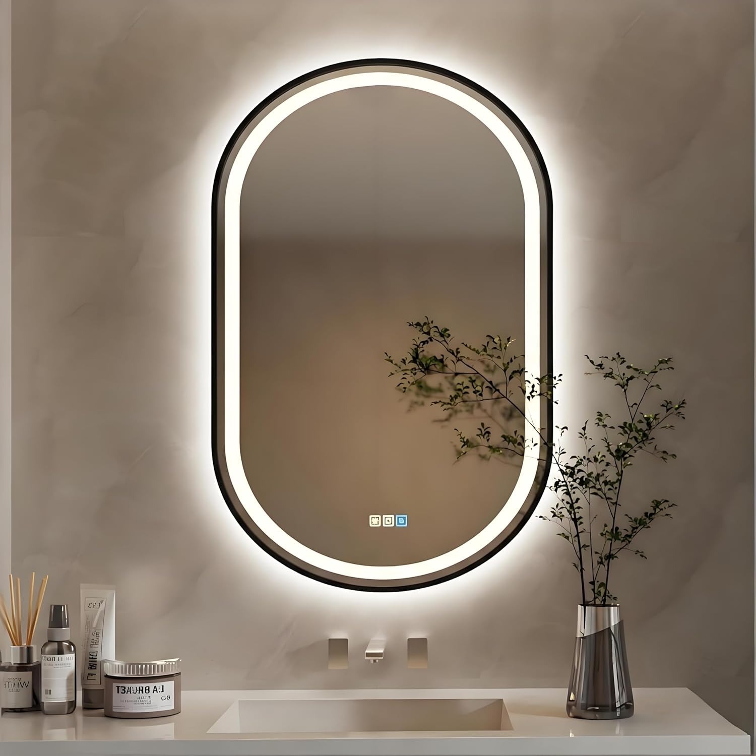 28x36 inches Oval Aluminum Black Framed LED Mirror, Smart Bathroom Mirror with Lights, Anti-Fog, Tempered Glass, 3 Colors Dimmable, Front and Backlit, Wall Mounted, Memory