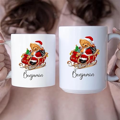 Miniatura 6 de Taza de café de Navidad personalizada con diseño de oso de Papá Noel para niños, taza de café de Navidad personalizada con nombre, taza de cerámica