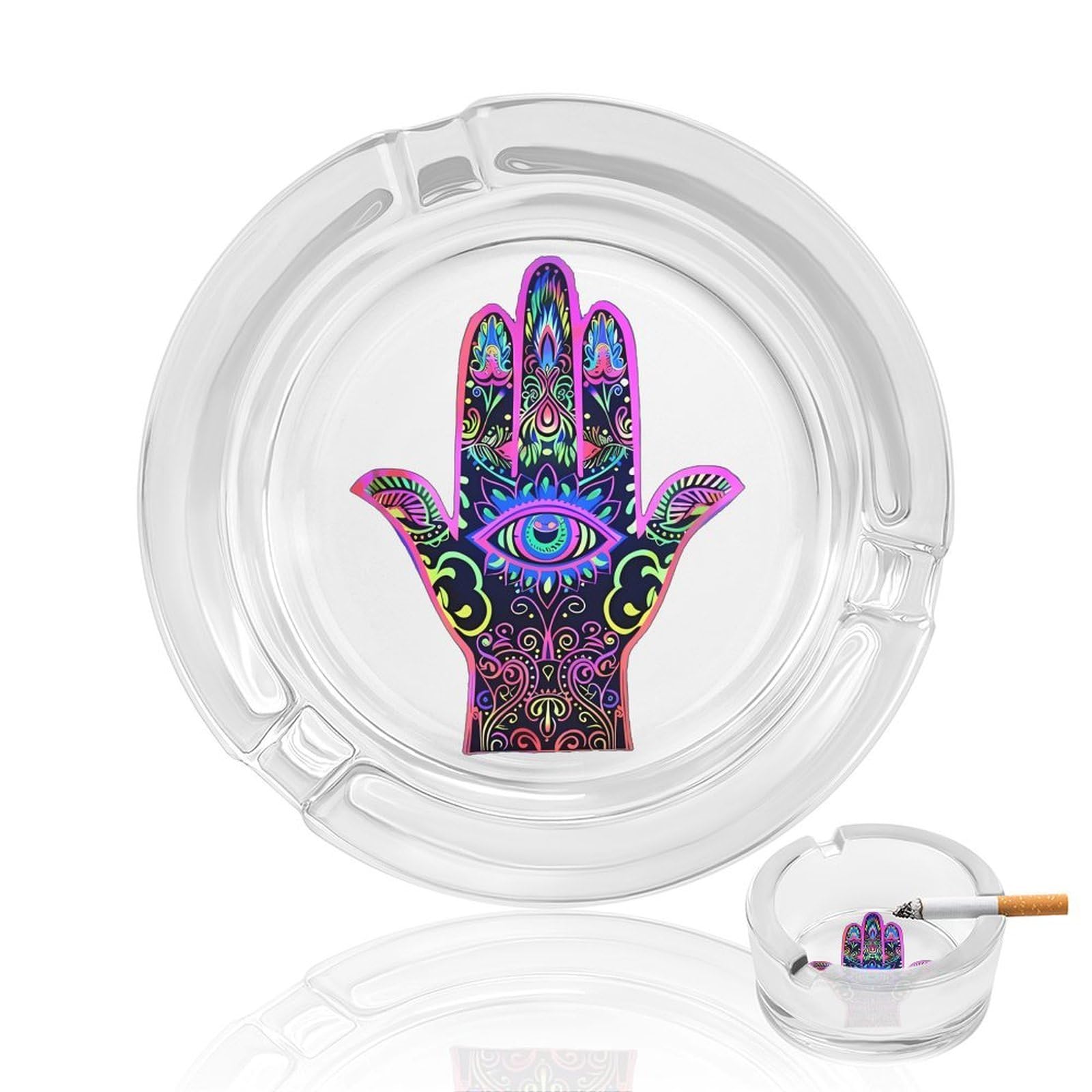 Blacklight Hamsa Hand Evil Eye Bohemian Ashtray Portable Round Glass Outdoor Ash Tray for Home Office Garden Pub
