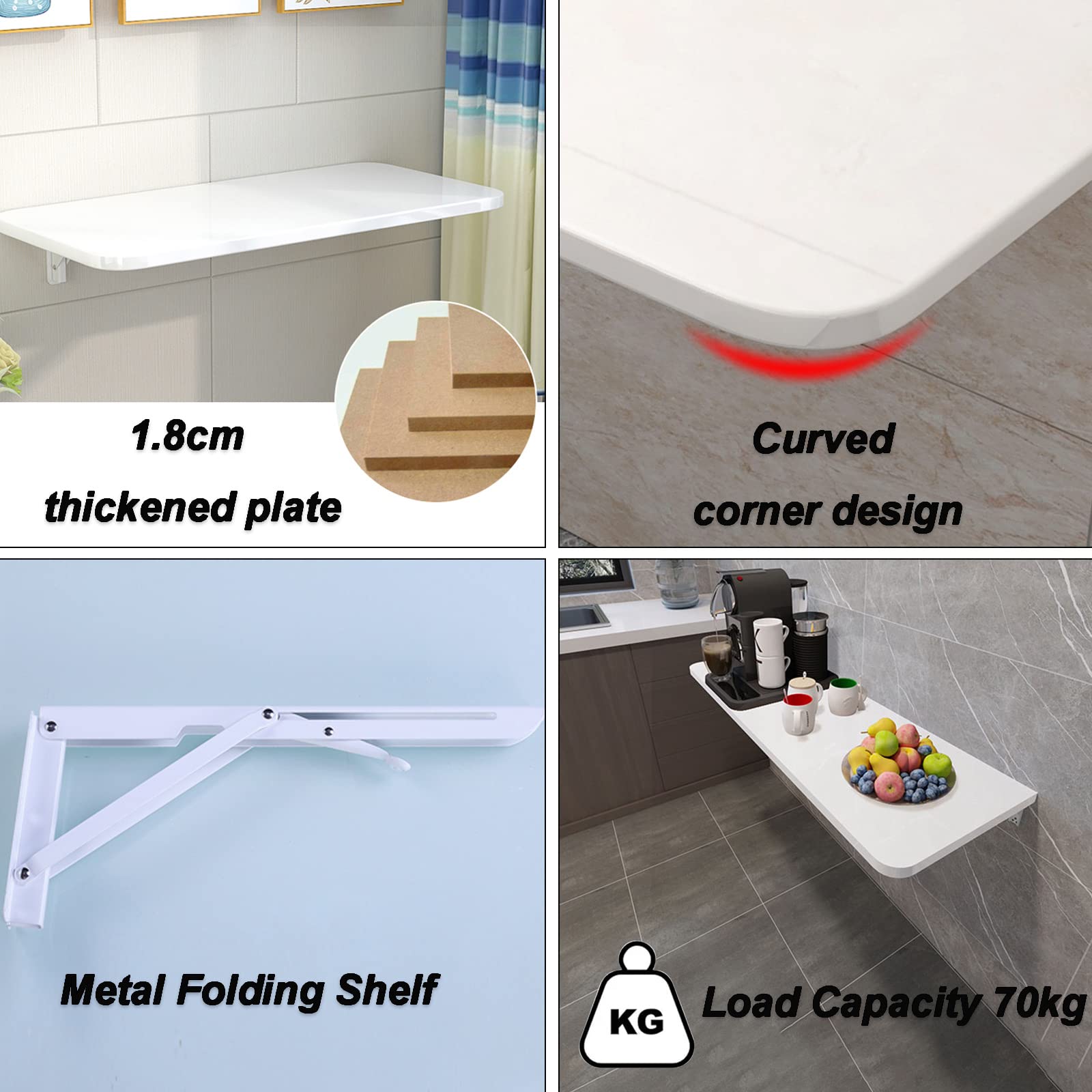 BMXRX Wandklapptisch Klapptisch Wandtisch, Stabiler Klapptisch Wandmontage Platzsparender Schwimmender Schreibtisch Küchentisch Kindermöbel Laptoptisch Esstisch 40x30cm/16x12in White