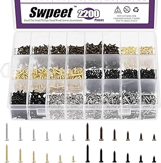 Swpeet 2200Pcs 4 Colors 5mm 6mm 8mm 10mm 12mm 16mm Wood Screws Assortment Kit, Assorted Mini Wood Screws Flat Cross Head Screws Self Drilling Screws Drywall Scews Wood Screws, Flat Head Screws