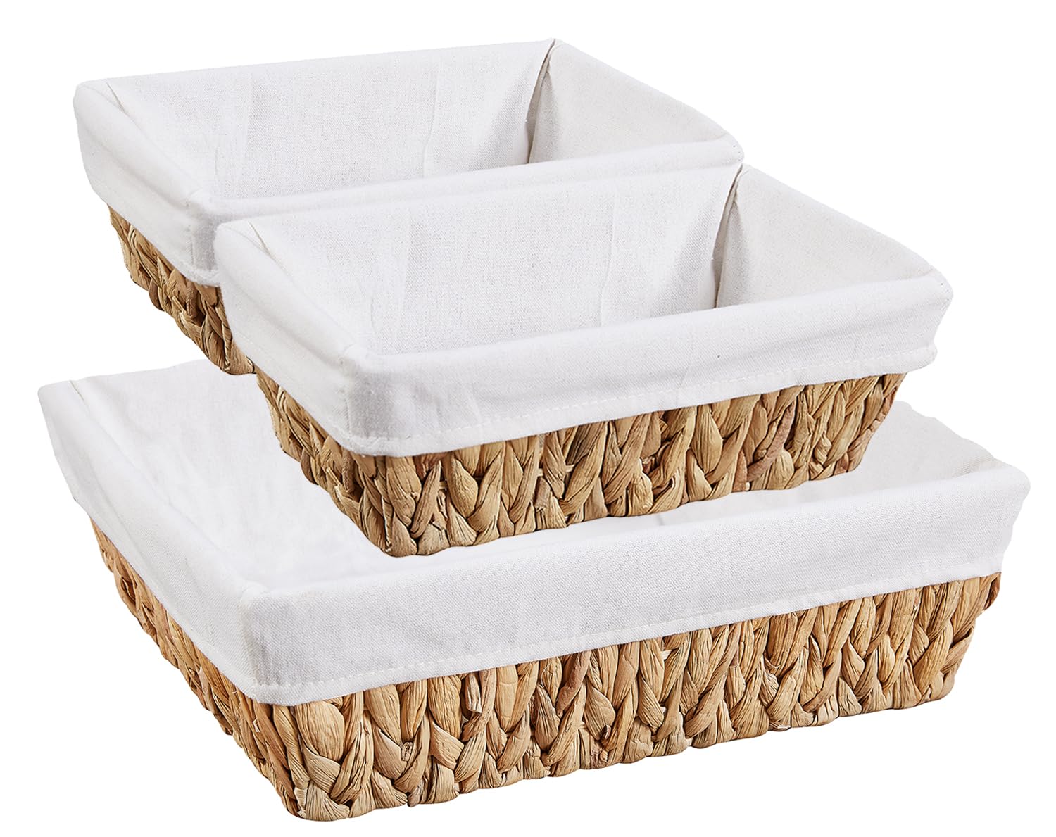 Wicker Basket, Vagusicc Set of 3 Baskets for Organizing, Wicker Storage Basket with Built-in Handles, Water Hyacinth Storage Baskets for Shelves with Liner (2-Pack Medium Basket, 1-Pack Large Basket)
