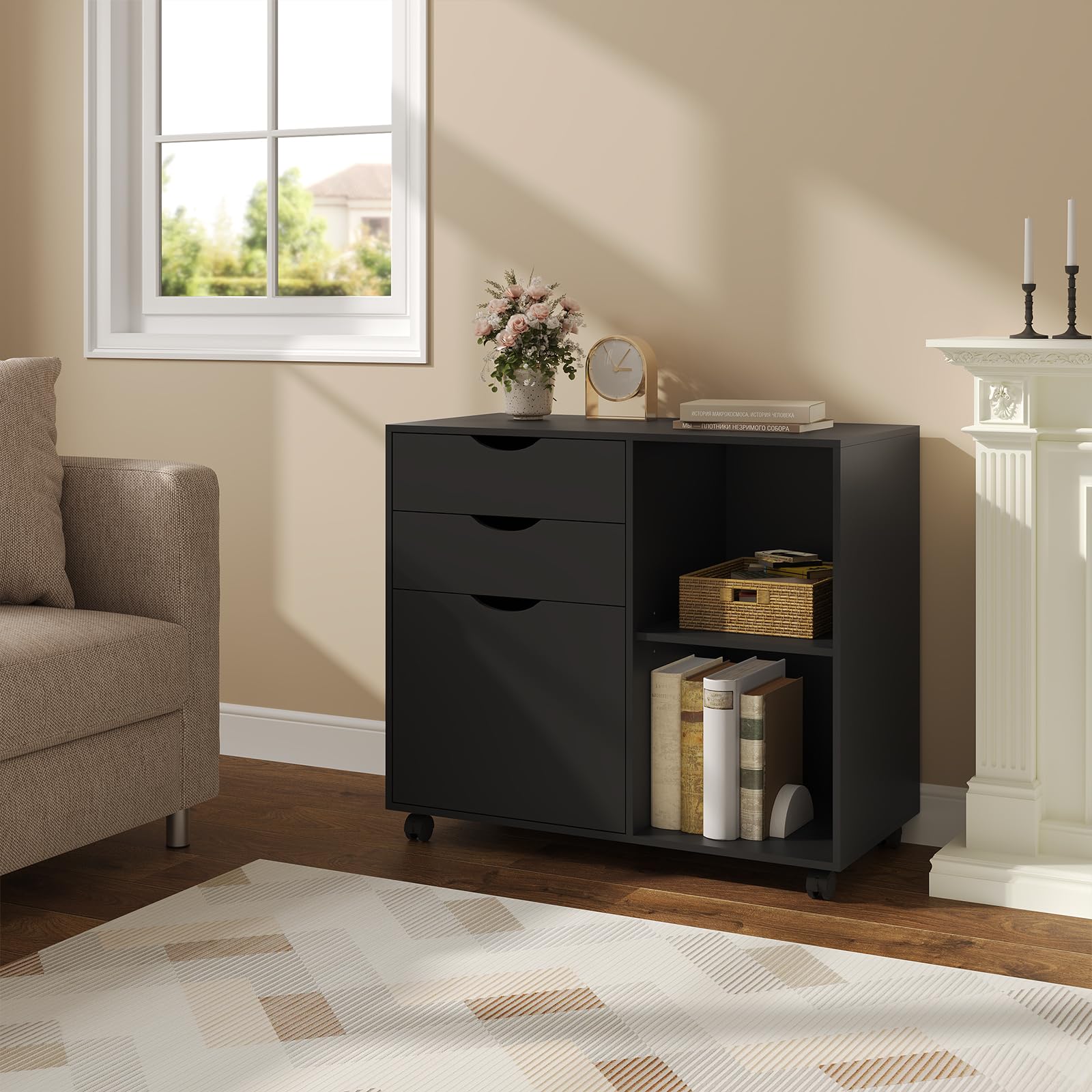 WOLTU Archivador Móvil, Cajonera de 3 Cajones y 2 Estantes Abiertos, con 5 Ruedas y Barra Colgante, Armario de Oficina para Carpetas y A4, 80x39,5x69,5 cm, Negro