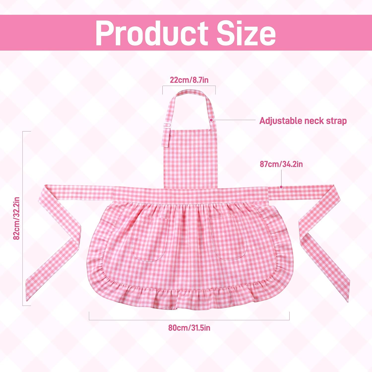 Vintage Apron Ruffle Dress Women 2 Pockets | Cute Farmhouse Aprons Ruffle Hem Kitchen Apron for Women Cooking Baking, Adjustable Neck Strap, Retro Checkered and Striped