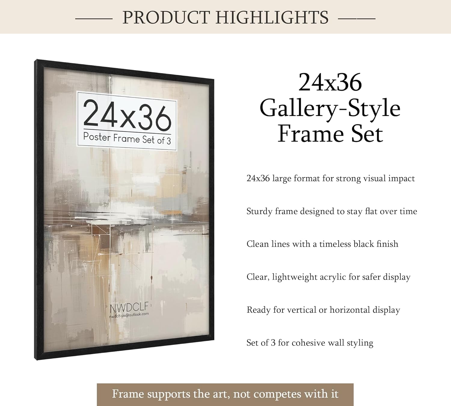 24x36 Poster Frame Set of 3, Black Woodgrain Wall Frames with Plexiglass, Engineered Wood Large Picture Frames for Gallery Wall and Home Office Decor