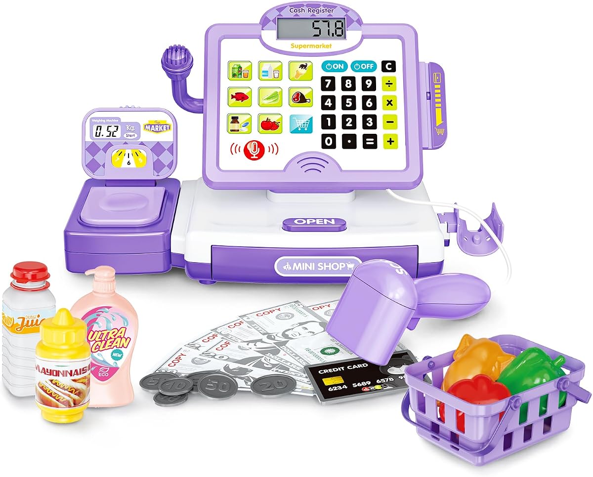 Juguete de caja registradora para niños, regalo preescolar, juguete de conteo clásico con sonido, micrófono, escáner, dinero de juguete, comida de juego para niños y niñas de 3, 4, 5, 6 y 7 años