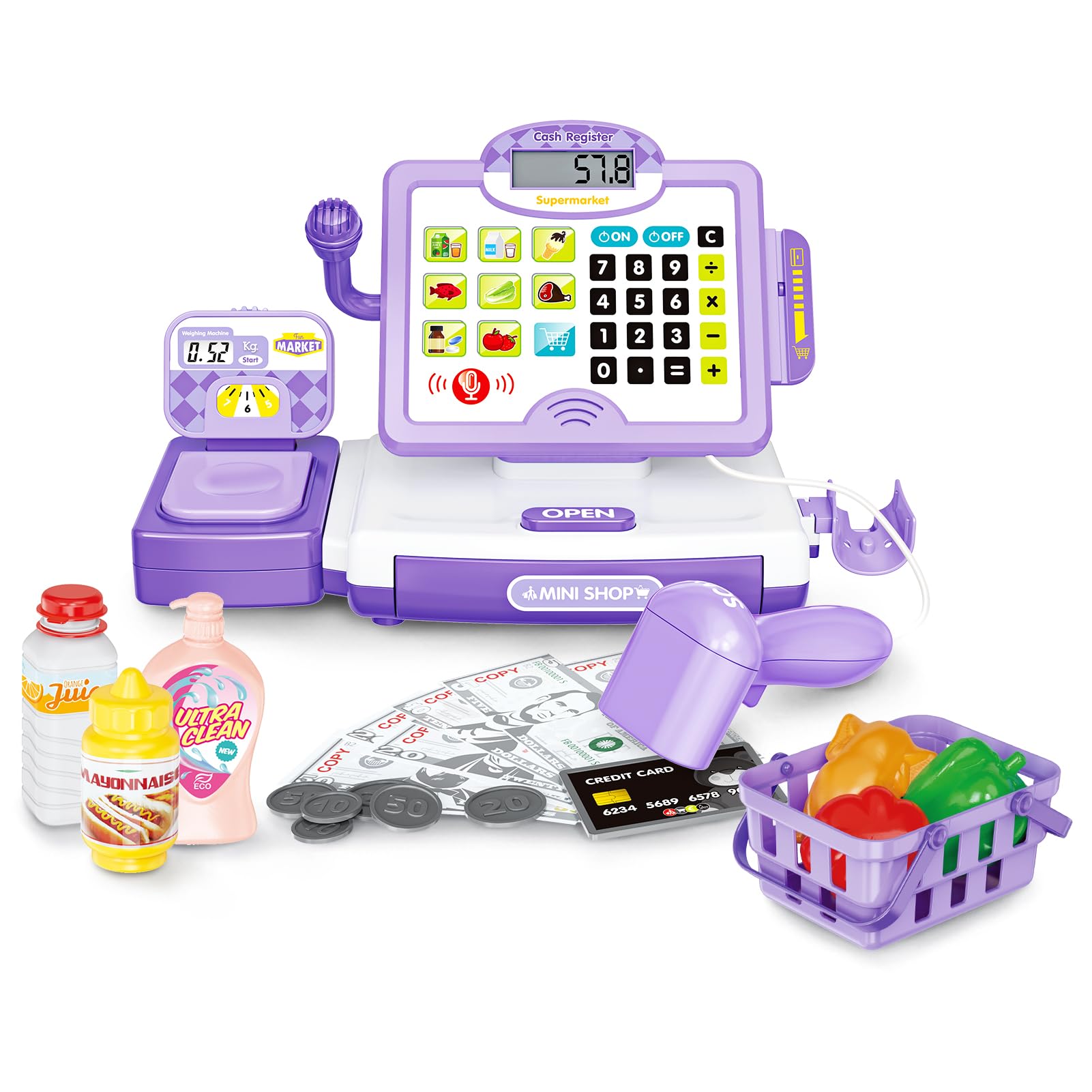 FS Pretend Play Cash Register Toy Preschool Gift for Kids, Classic Count Toy with Sound, Microphone, Scanner, Credit Card, Play Food for Boys & Girls, 57 Pieces Play Set, Ages 3 4 5 6 7, Purple