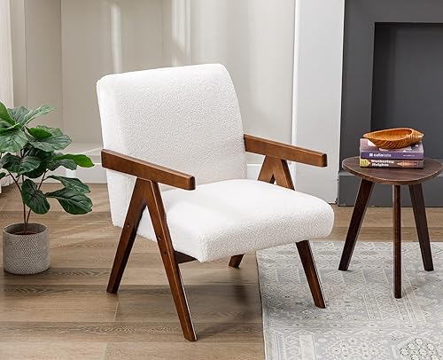 Miniatura 3 de Kmax Silla decorativa blanca de piel de cordero moderna para sala de estar, marco de madera para habitación de invitados, dormitorio, lectura, ocio,