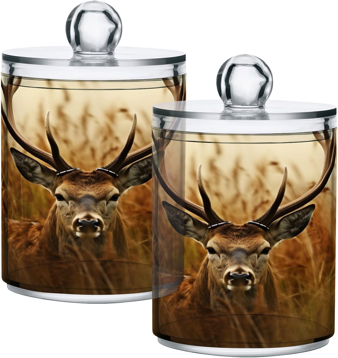 2 Pack Apothecary Jars Bathroom Antler Deer Qtip Holder Dispenser Clear Plastic Storage Canister Jar with Lid for Cotton Ball, Cotton Swab
