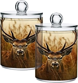 2 Pack Apothecary Jars Bathroom Antler Deer Qtip Holder Dispenser Clear Plastic Storage Canister Jar with Lid for Cotton Ball, Cotton Swab
