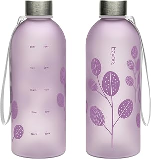 bzyoo 32oz 1 Liter Clear Water Bottle with Time Marker, Leaf Design, Durable Plastic, BPA-Free, Reusable with Measurement Markings for Fitness and Outdoor Activities (Color: Purple)