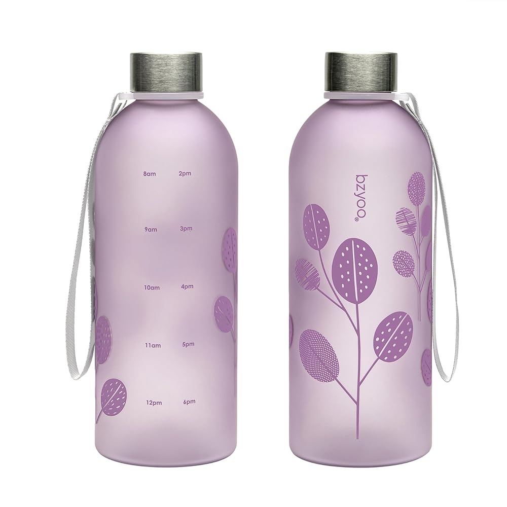 bzyoo 32oz 1 Liter Clear Water Bottle with Time Marker, Leaf Design, Durable Plastic, BPA-Free, Reusable with Measurement Markings for Fitness and Outdoor Activities (Color: Purple)