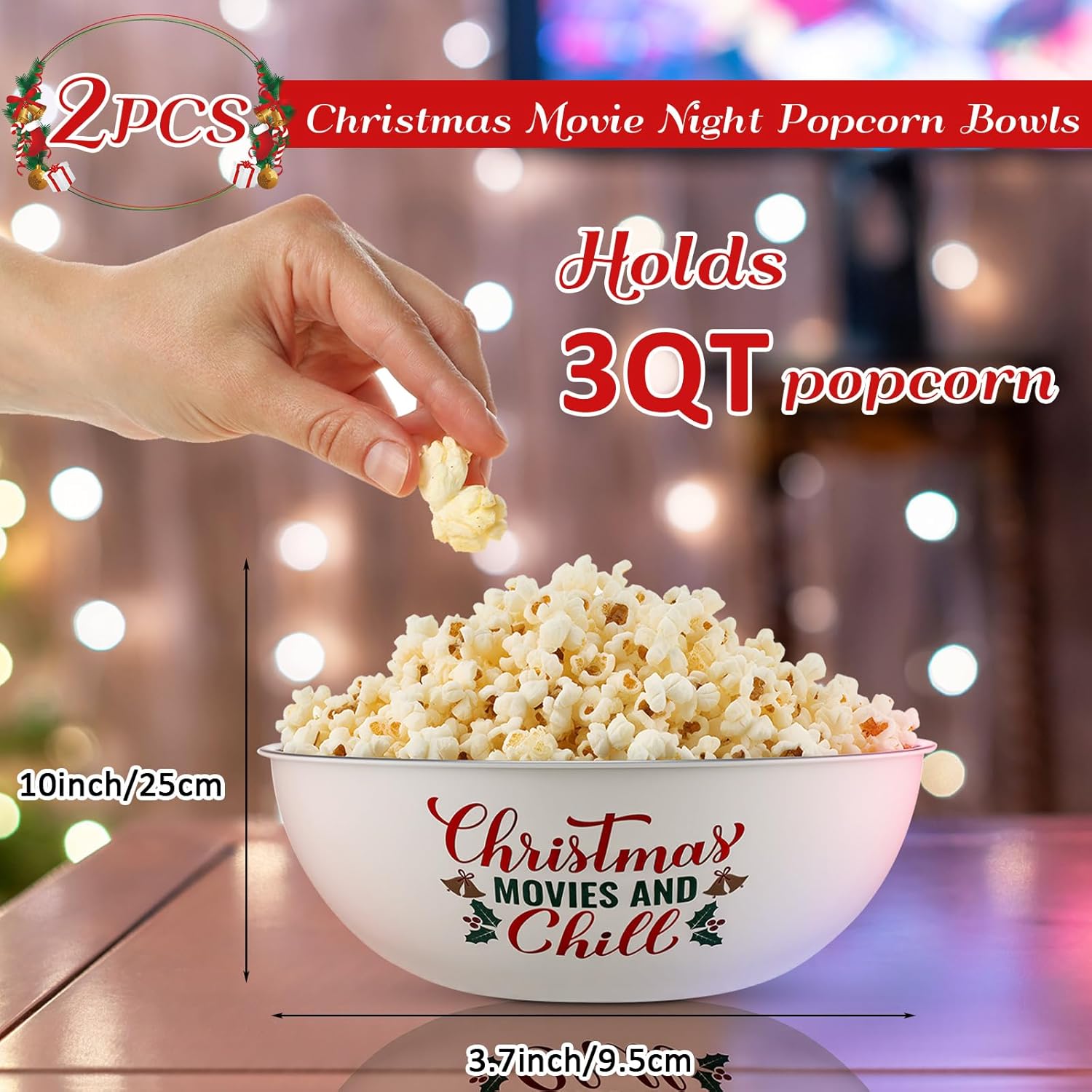 2 Pcs Stainless Steel Popcorn Bowl Set for Movie Night Carnival Party 3 Qt Reusable Metal Popcorn Buckets Large Snacks Mixing Bowl Serving Container for Home Kitchen (Xmas,White)