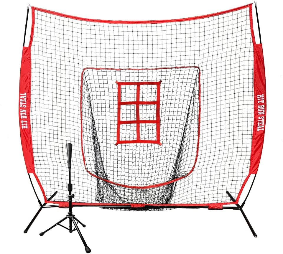 Hit Run Steal Heavy Duty Softball & Baseball Net with Carrying Bag, Tee, and Red Strike Zone - Perfect for Batting and Pitching Practices