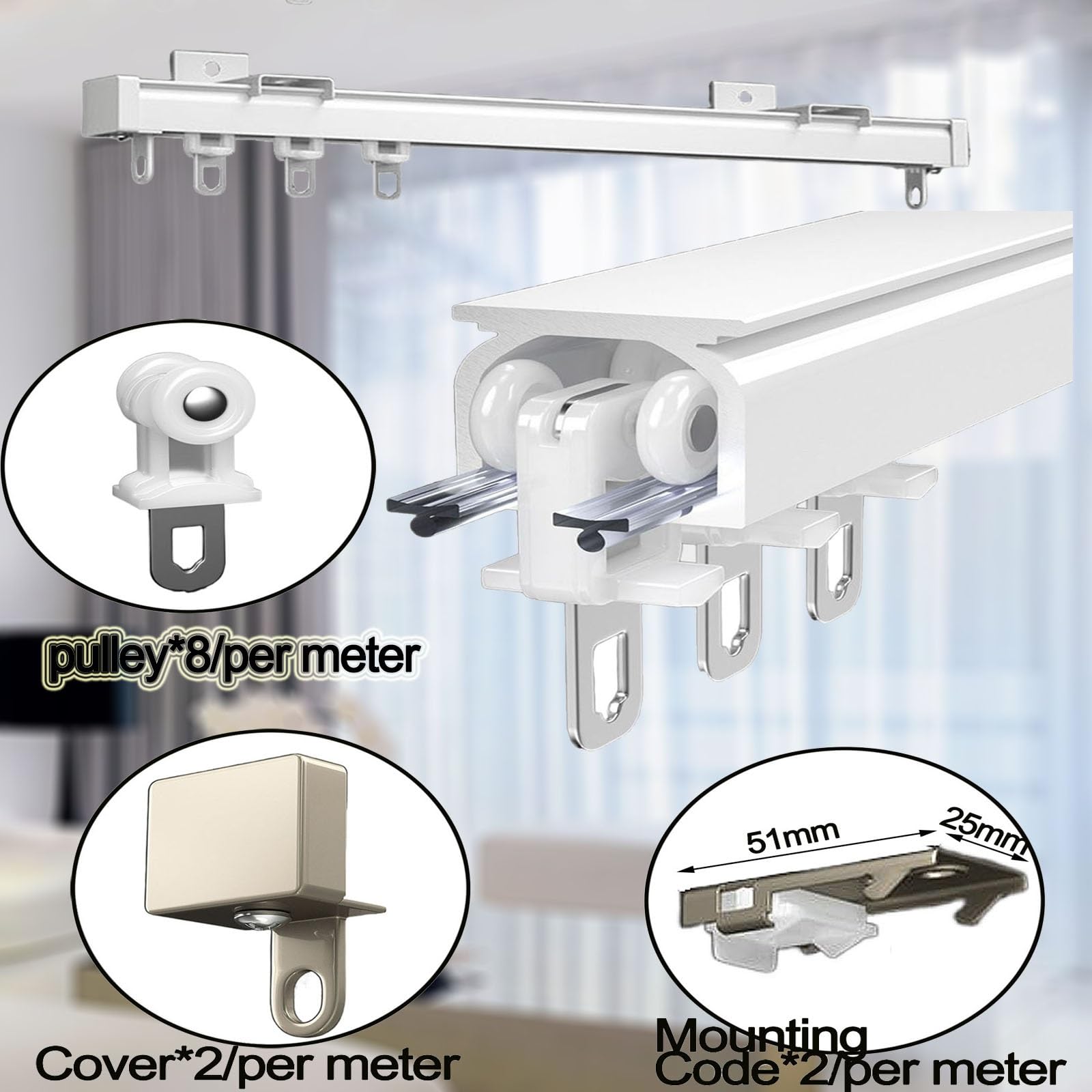Wytrzymały aluminiowy system szyn do zasłon o długości 6 m z rolkami, mocowanie sufitowe, kolor szampański, idealny do zasłon i zasłon, gładkie przesuwanie, łatwa instalacja