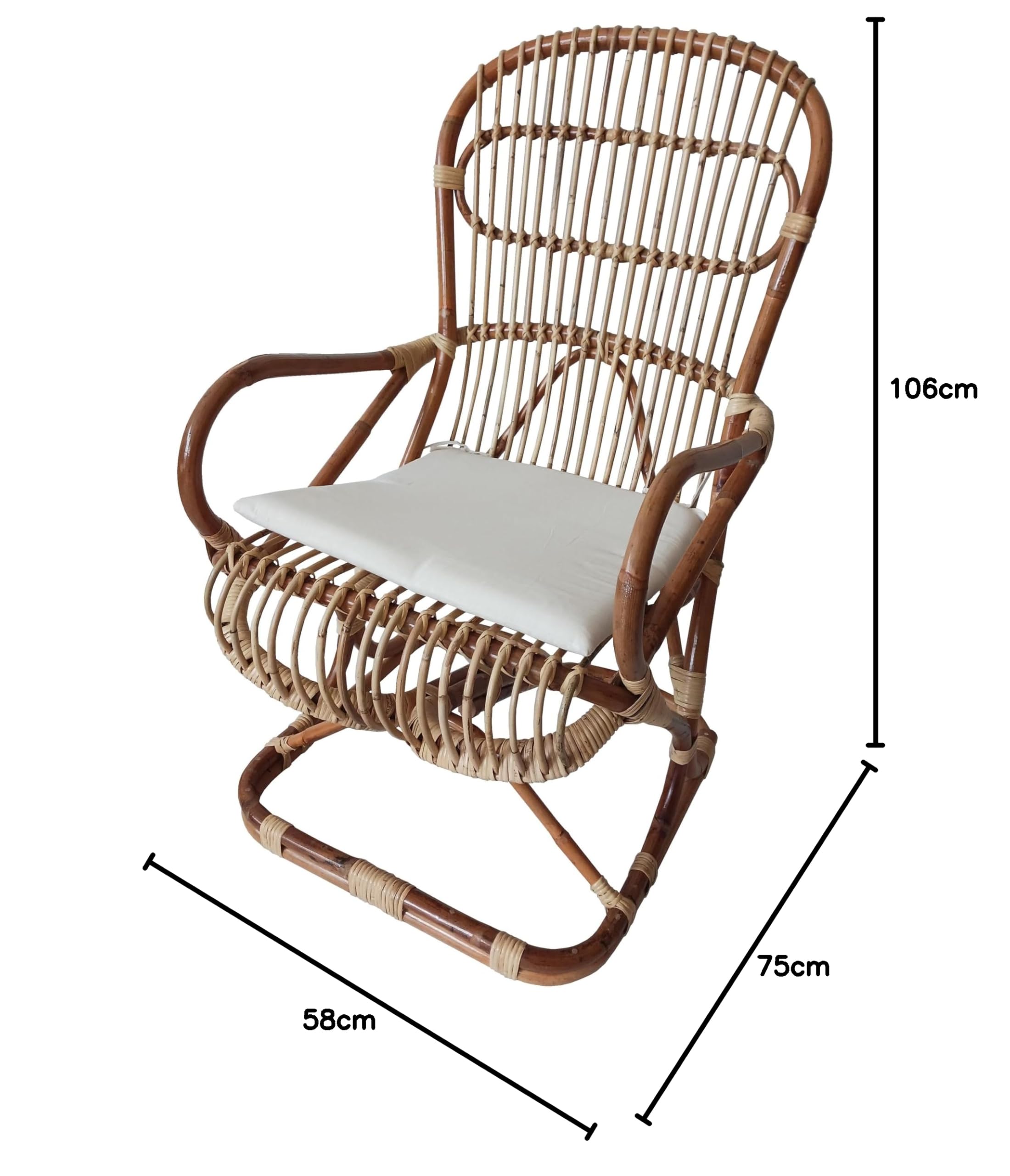 Poltrona vimini in rattan naturale Sedia ergonomica Cm 58x75x106 H con cuscino trapuntatao Ideale per esterno ed interno Artigianale ed ecosostenibile