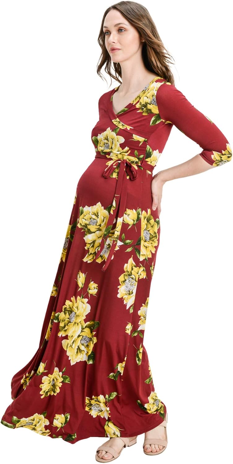 Women's Maternity Dress Maxi Long Length with Belt for Baby Shower, Photoshoot (Burgundy/Yellow, M)