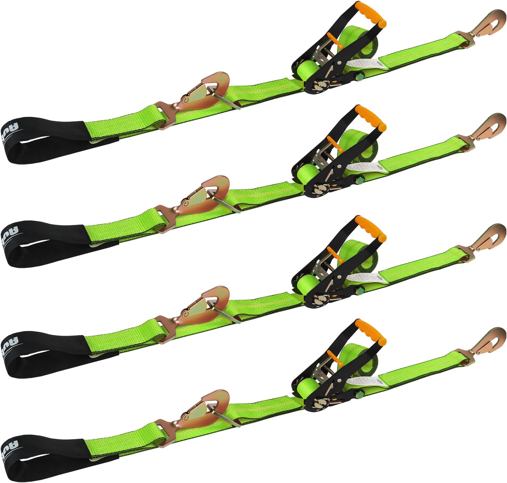 Heavy Duty 4 Pack Axle Tie Down Straps for Trailers-2" x 114" Car Hauler Straps with Snap Hooks-10,000 lbs Break Strength, 3300 lbs Capacity - DOT Certified Wheel Ratchet Tie Downs (Green)